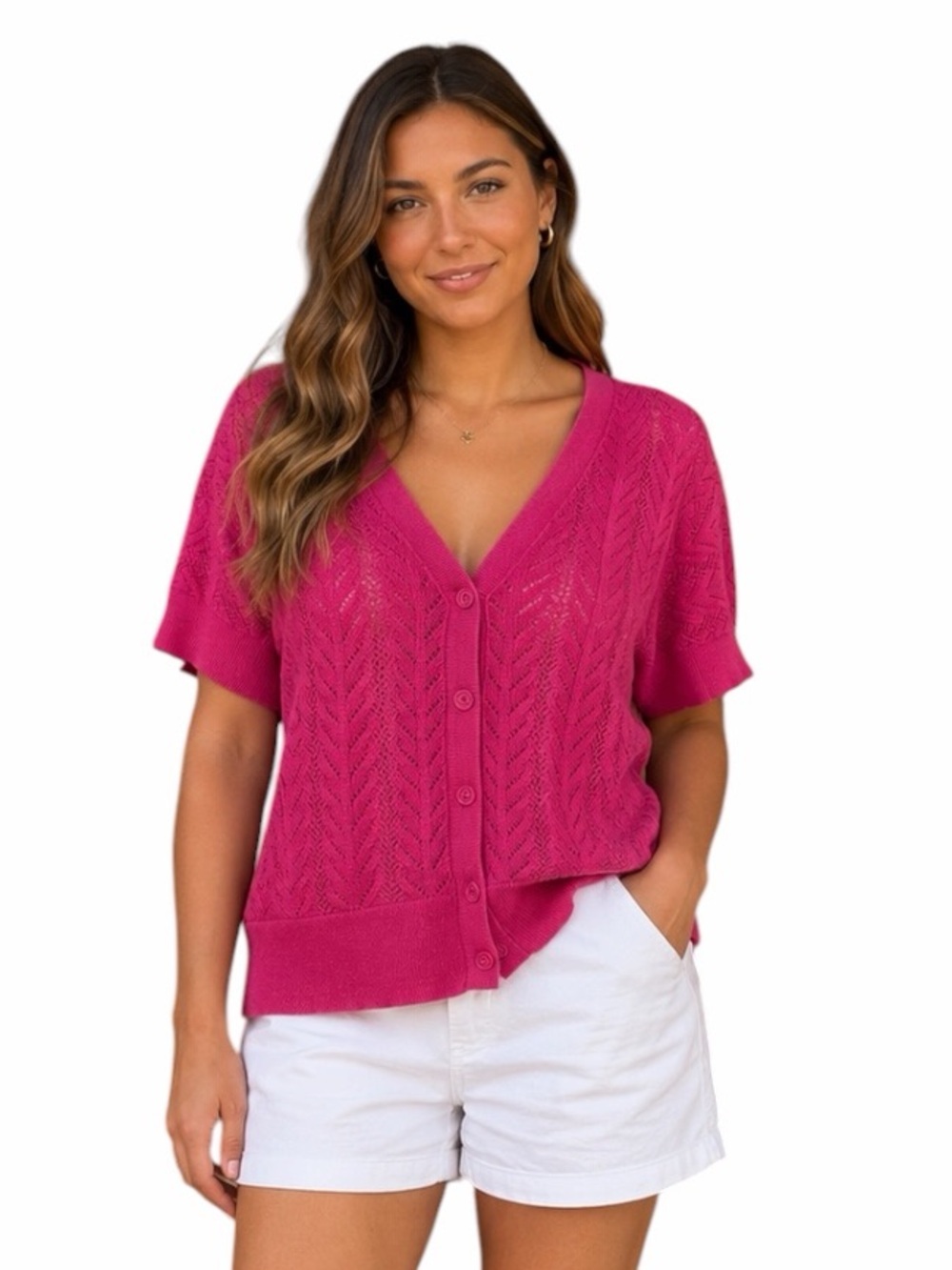Loft Large Pink Pointelle Knit 100% Cotton Short Sleeve Cardigan Sweater
